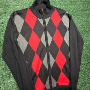 VINTAGE Y2K South Pole Mens L Argyle Full Zip Sweater Mock Neck Red Grey Black